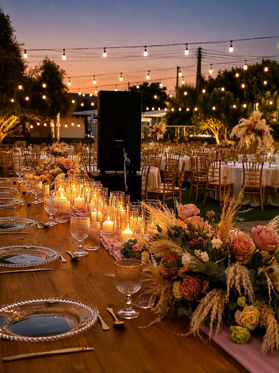 Close view of a candlelit banquet table with cut glassware and white florals