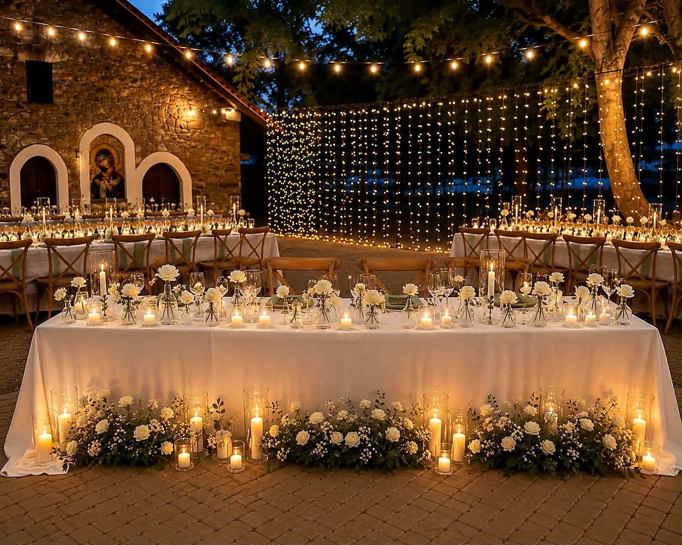 A long candlelit top table with white floral runners beneath festoon lights and stone arches