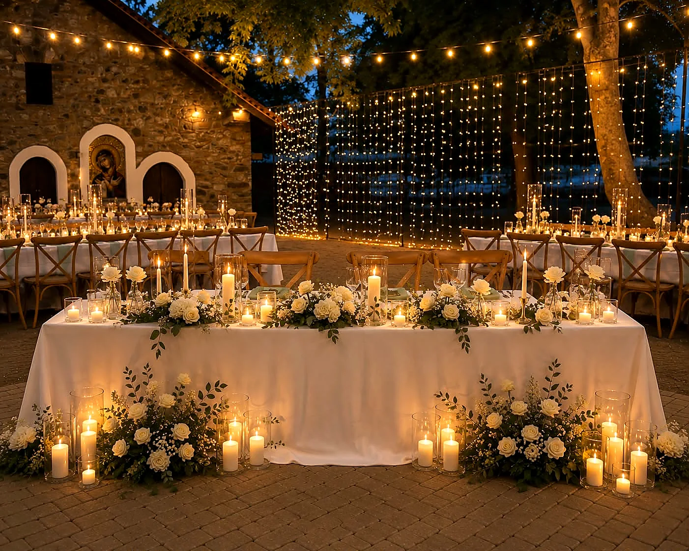 A long top table lined with candles and low white florals against a wall of fairy lights
