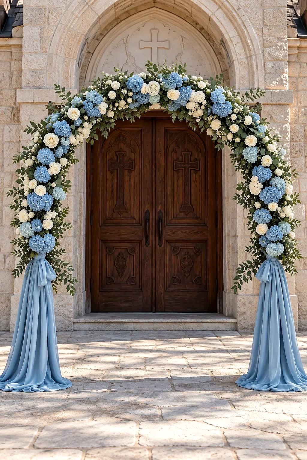 A full floral arch in white and blue framing an arched wooden church door in stone