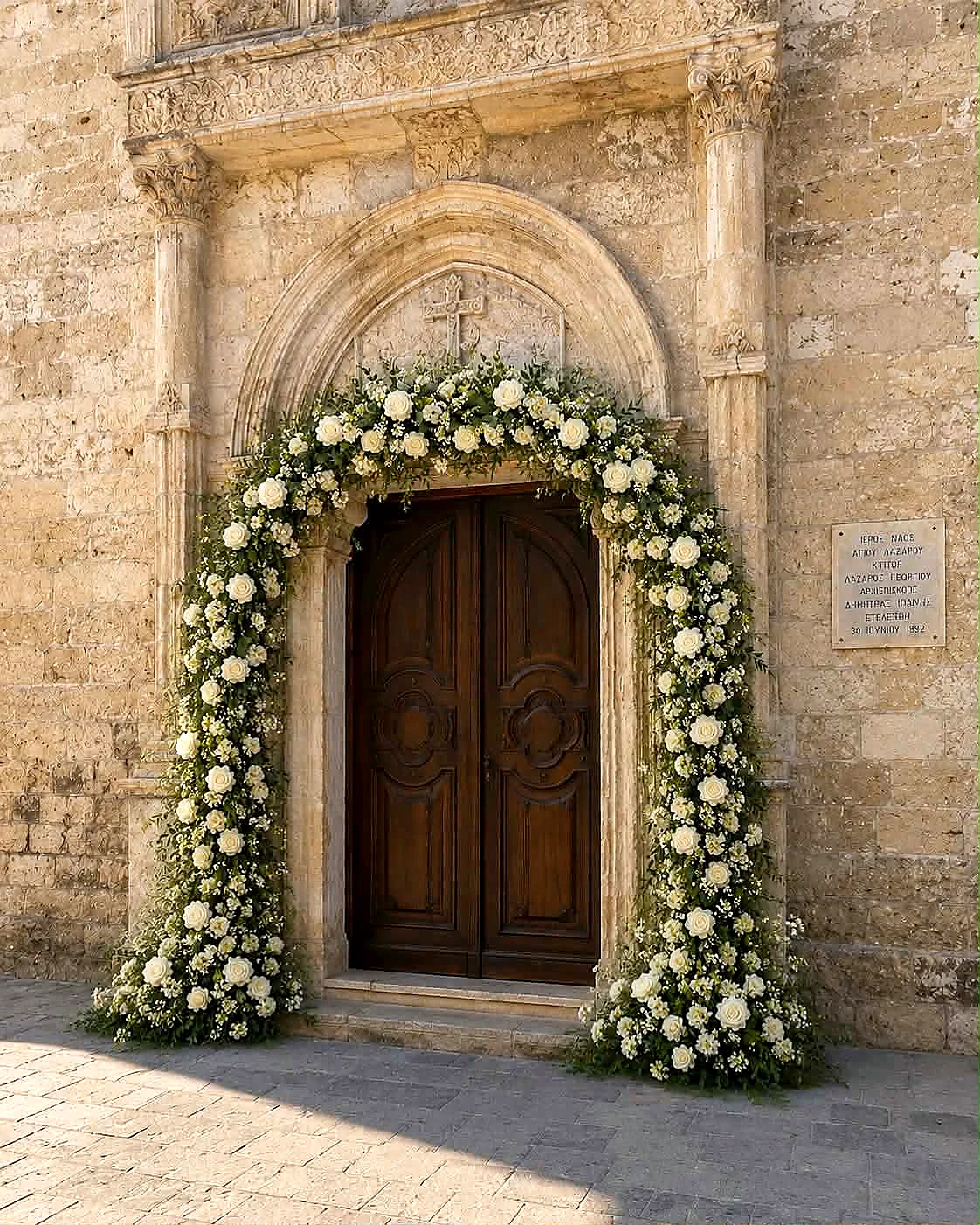 A stone church entrance in Cyprus framed by a full white floral arch