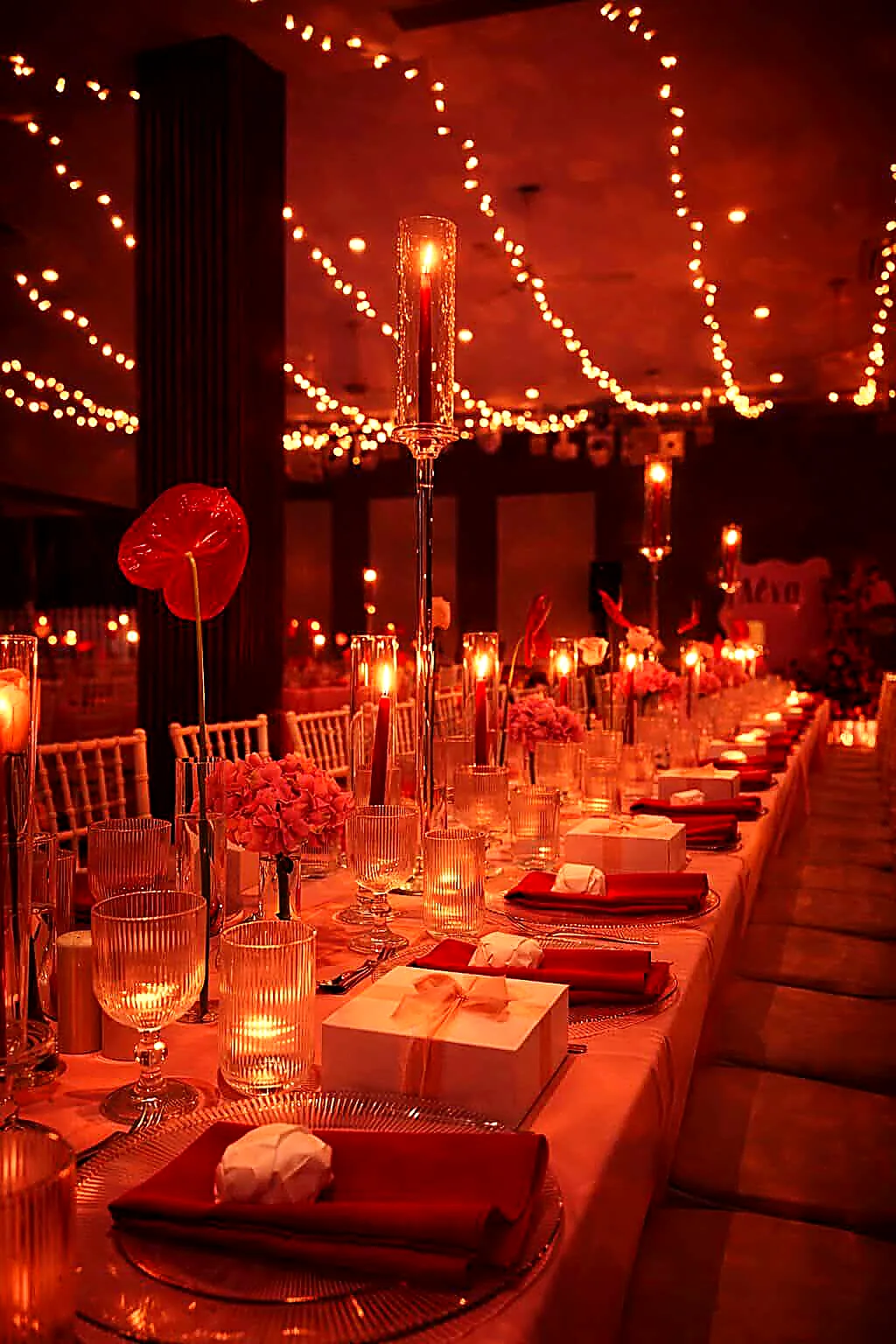 A long dinner table lit in deep red with candles and fairy lights overhead