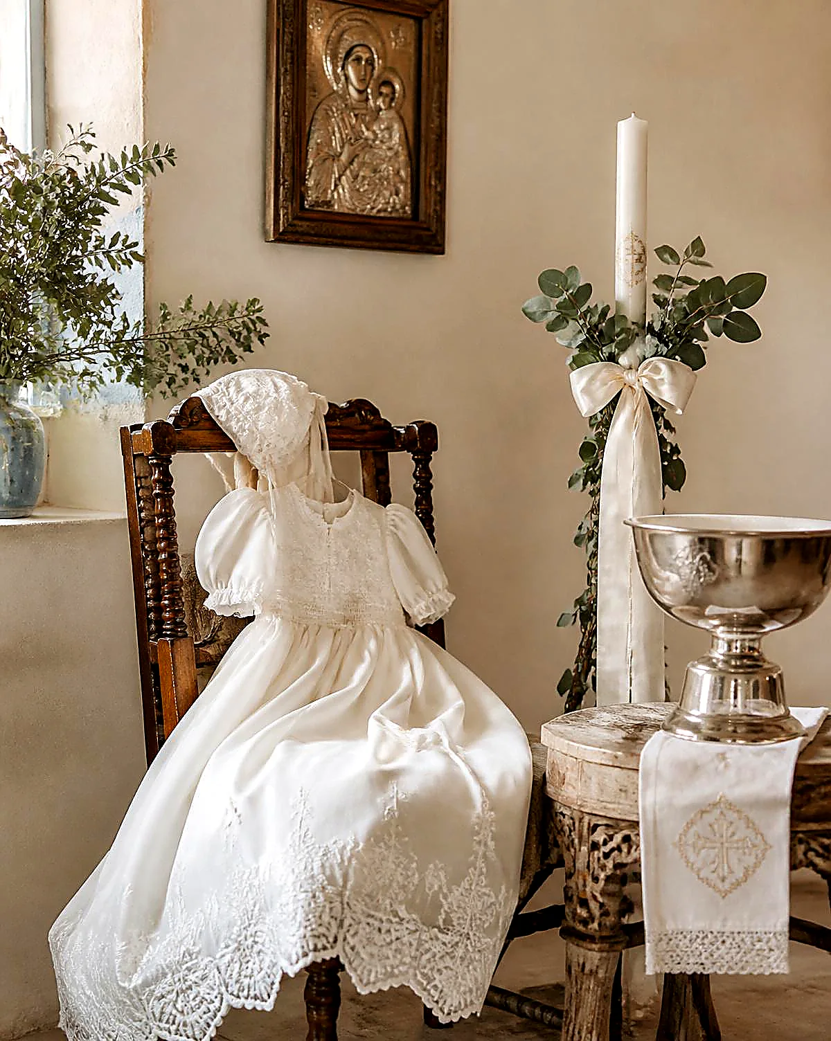 A christening gown and ceremonial candle beside a silver baptismal font