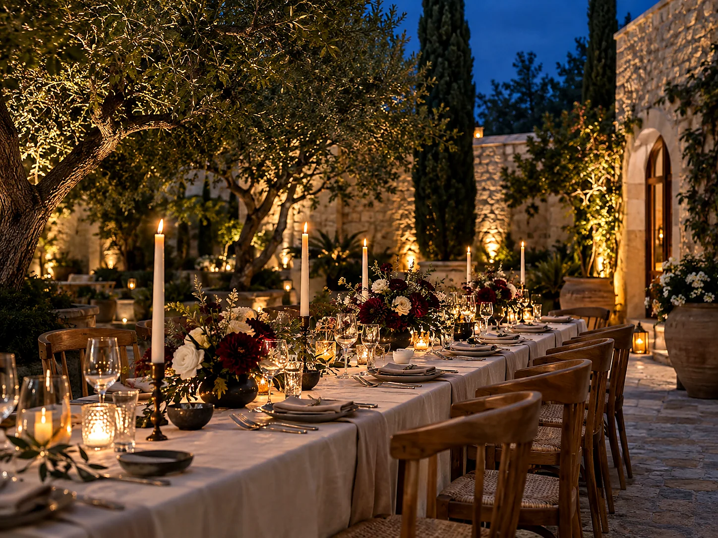 A candlelit banquet table with burgundy and white florals in a lantern-lit stone courtyard at dusk