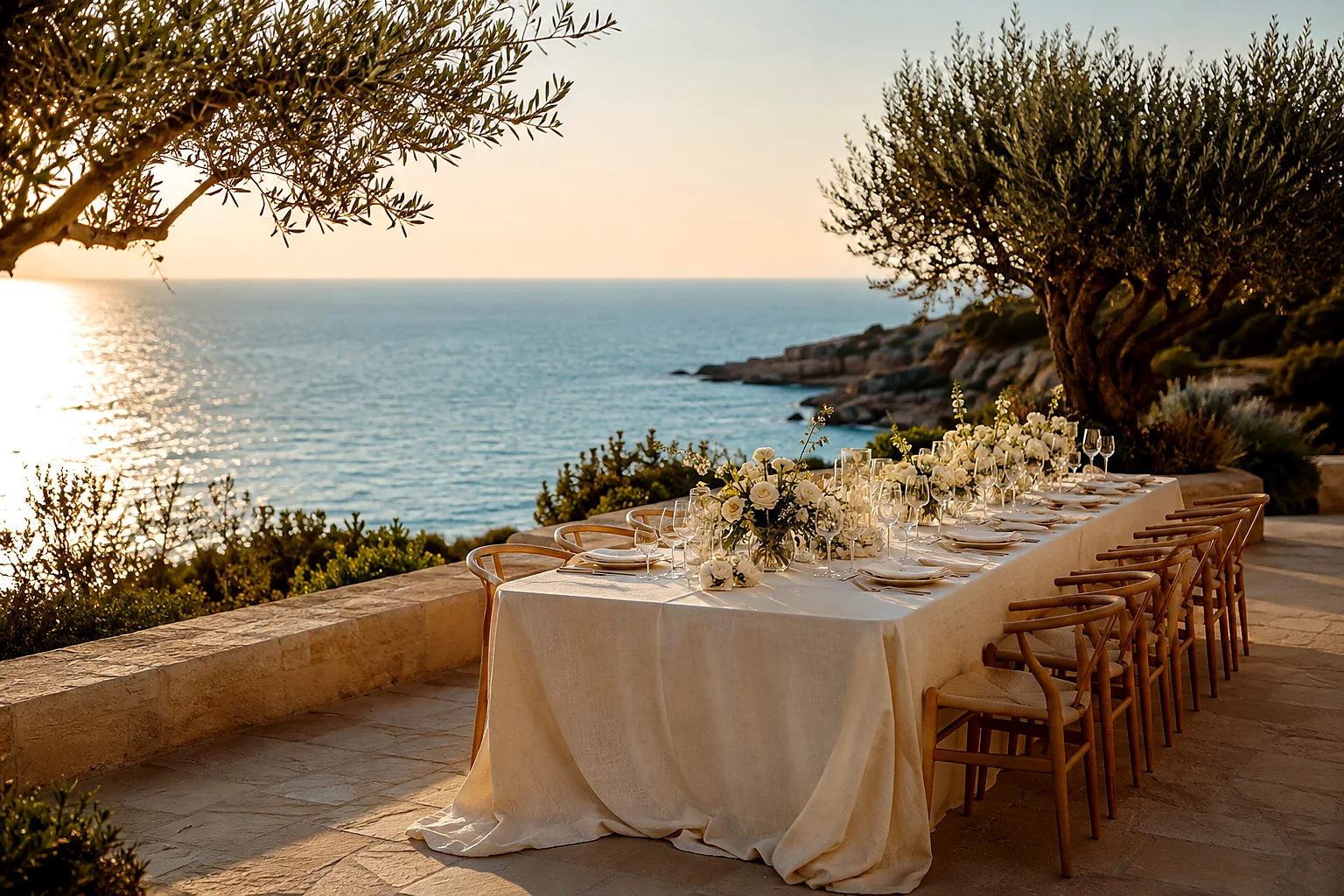 A long ivory-draped dining table set with white roses on a stone terrace overlooking the Mediterranean at sunset