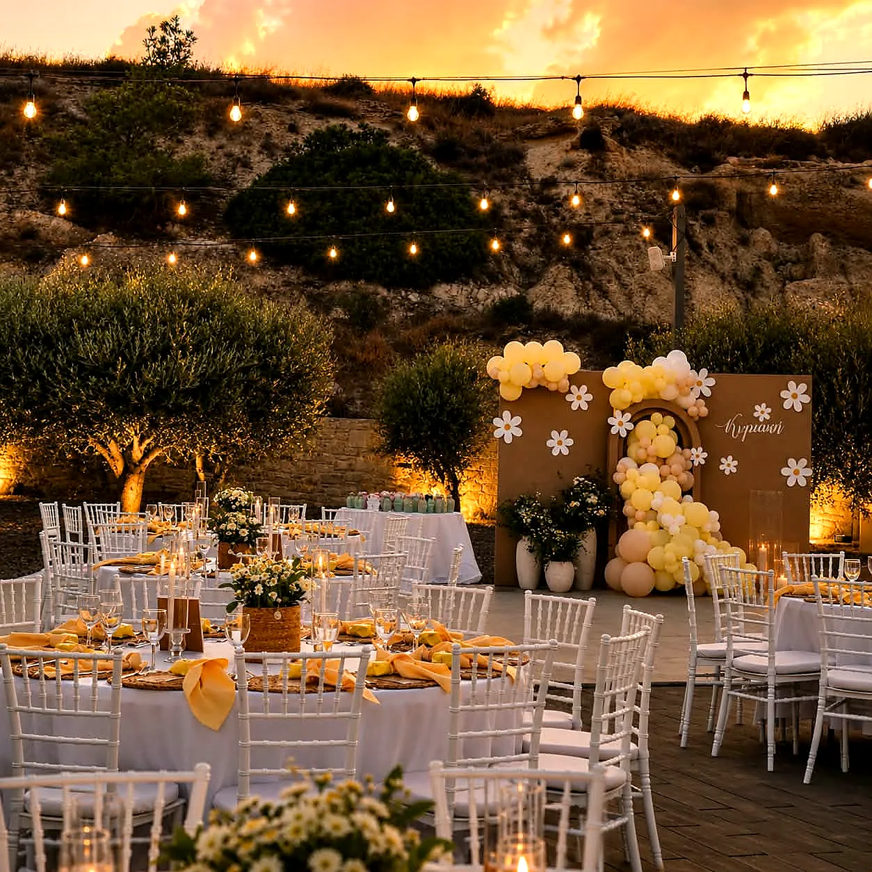 An outdoor christening reception at sunset with yellow and white daisy styling and a balloon backdrop