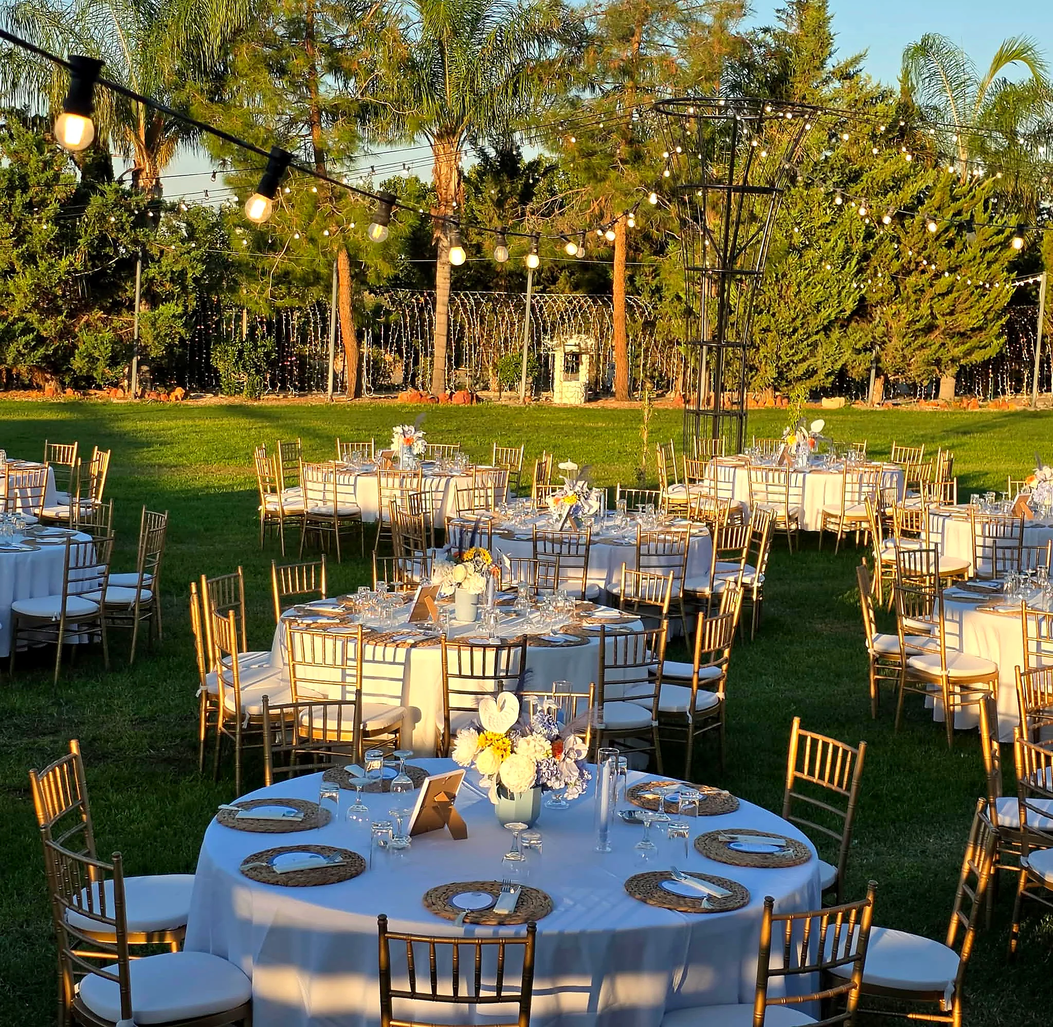 Round garden reception tables with blue linens and floral centrepieces in late afternoon light