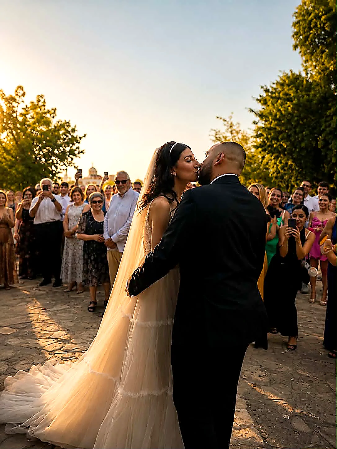 A bride and groom embracing at golden hour surrounded by their guests
