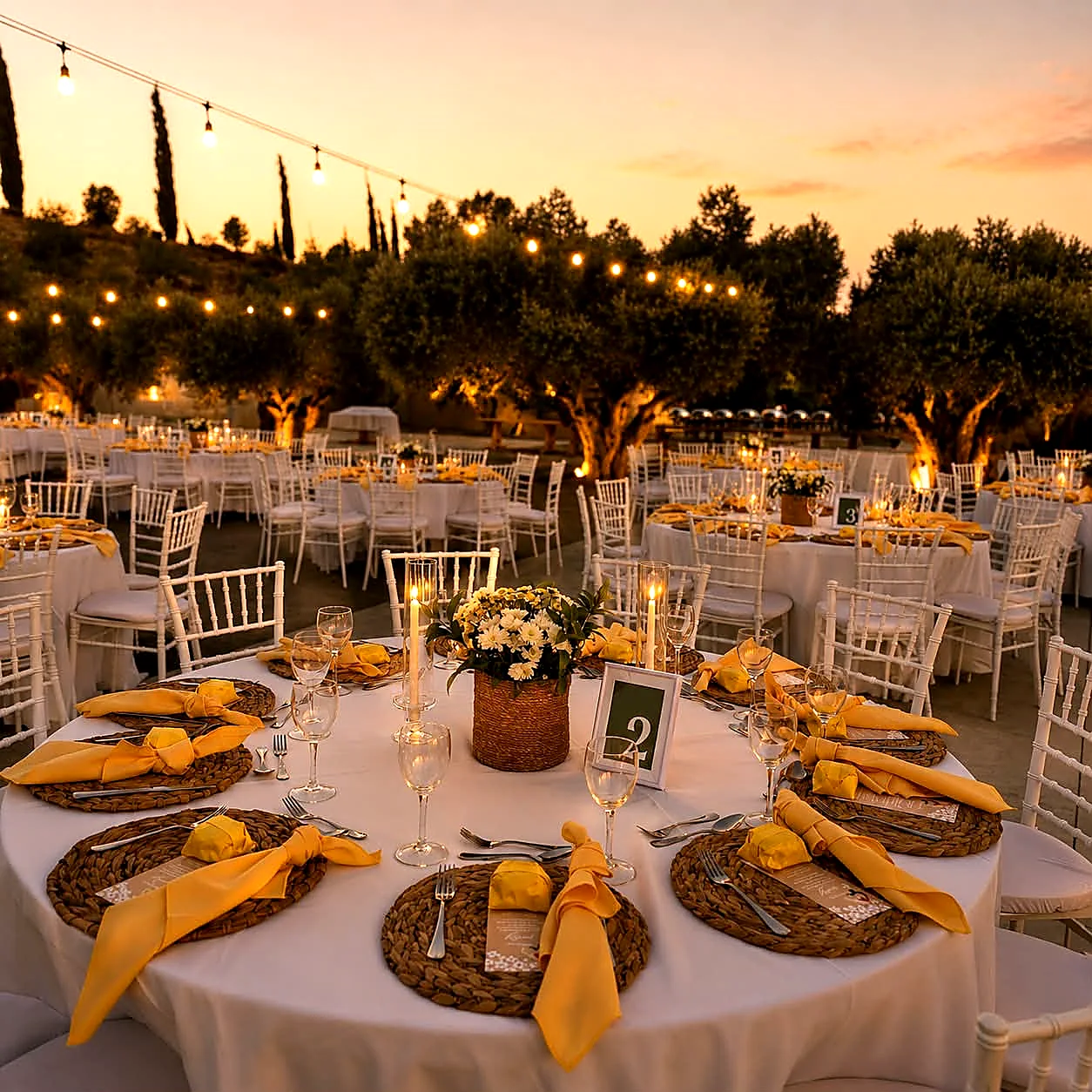 Round reception tables set with mustard napkins and candles under string lights at dusk