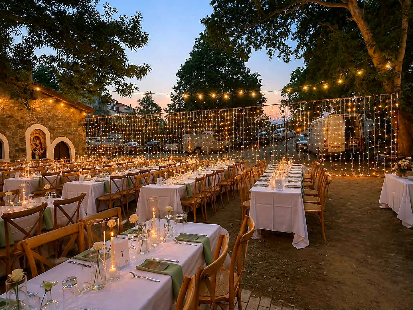 A garden wedding reception with warm lighting, stone arches and long banquet tables at dusk