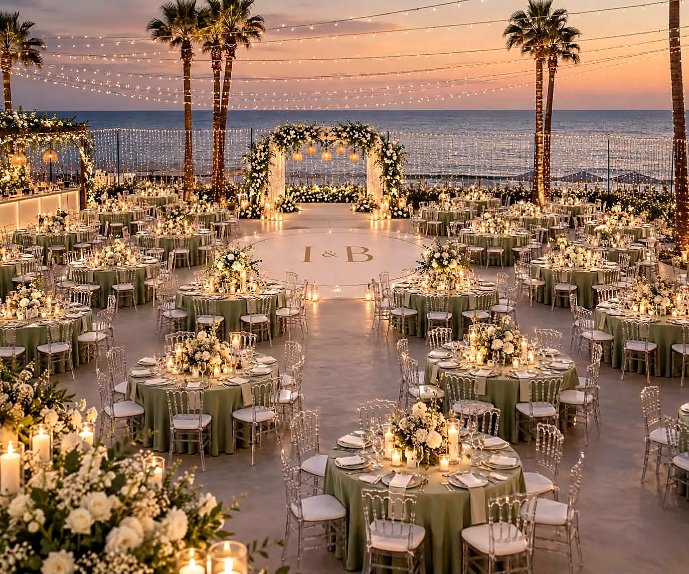 A seaside wedding reception at sunset with palm trees, string lights and round tables in white and sage