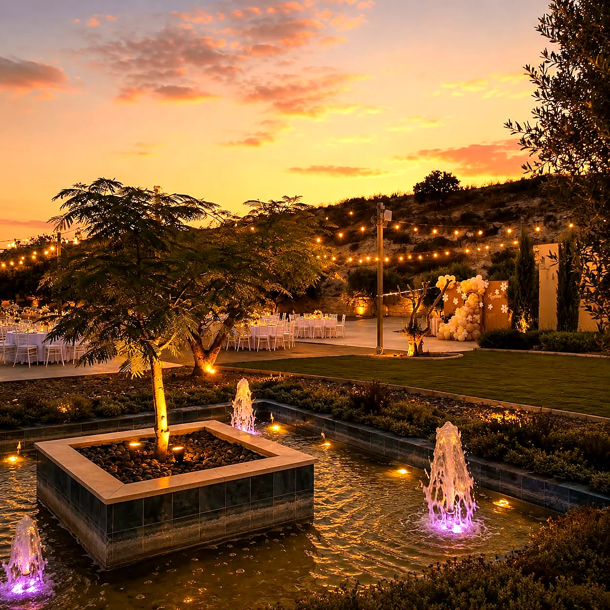 A garden venue at sunset with a lit stone fountain, olive trees and strings of warm lights