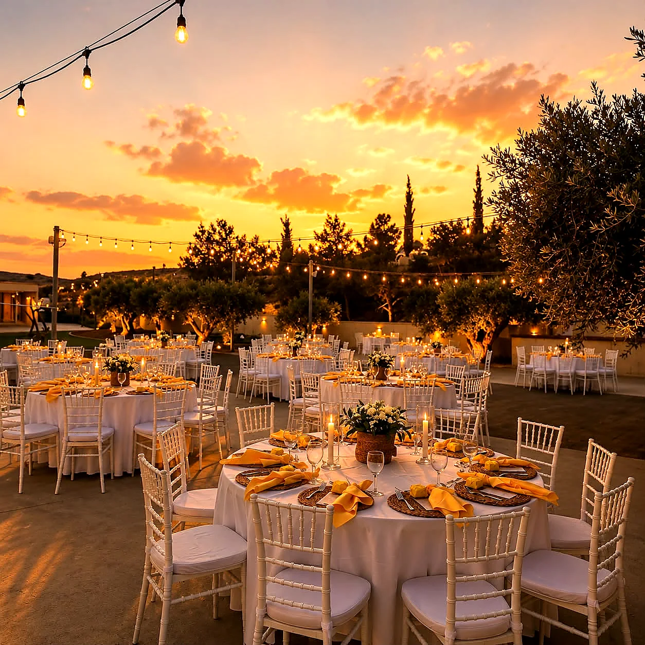 A garden reception at sunset with gold chiavari chairs and warm string lighting overhead