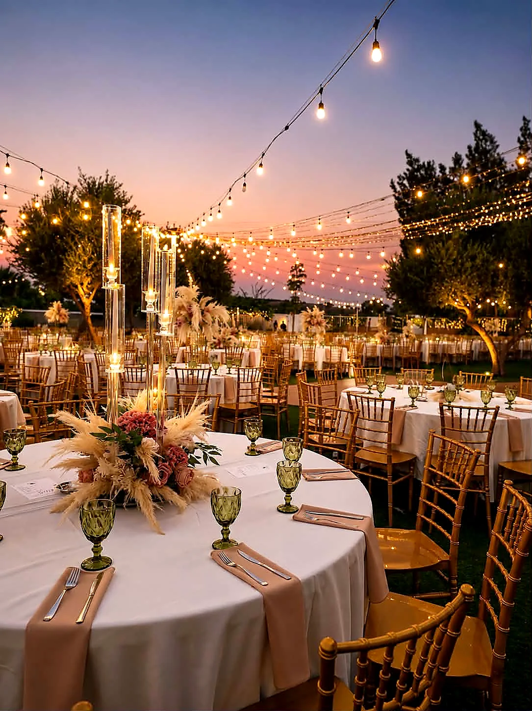 Round wedding tables dressed with pampas grass and rose centrepieces beneath string lights against a pink Cyprus sunset
